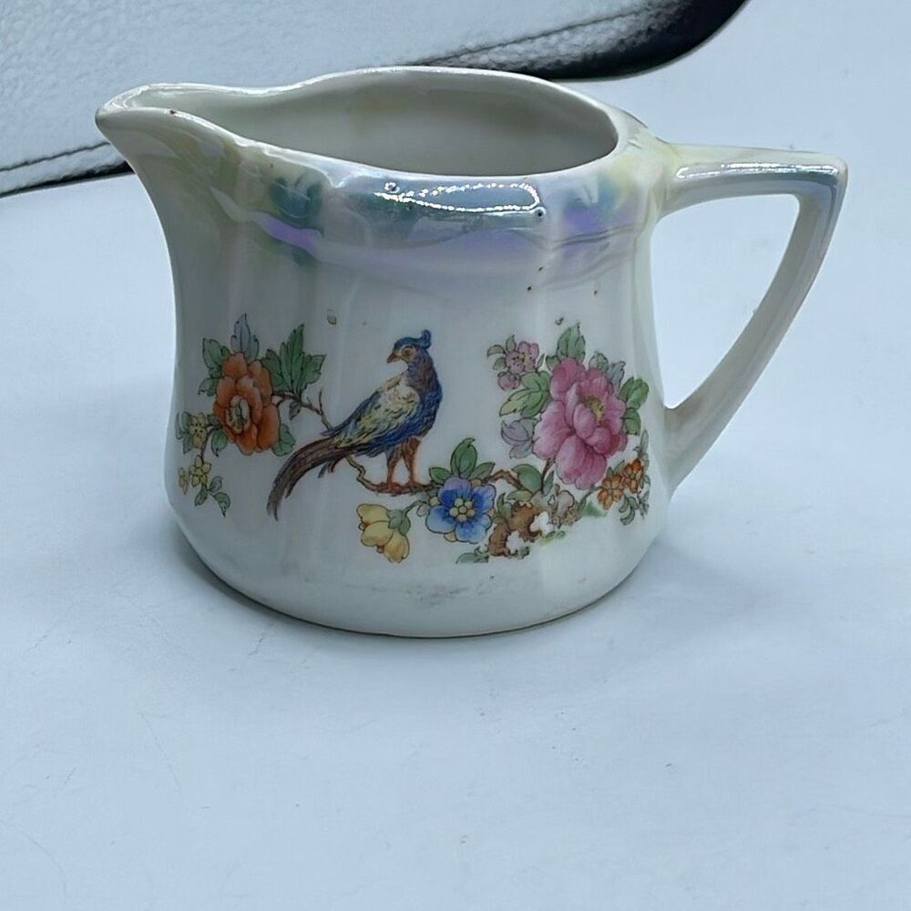 Vintage Bavaria Germany luster ware creamer with bird floral.
